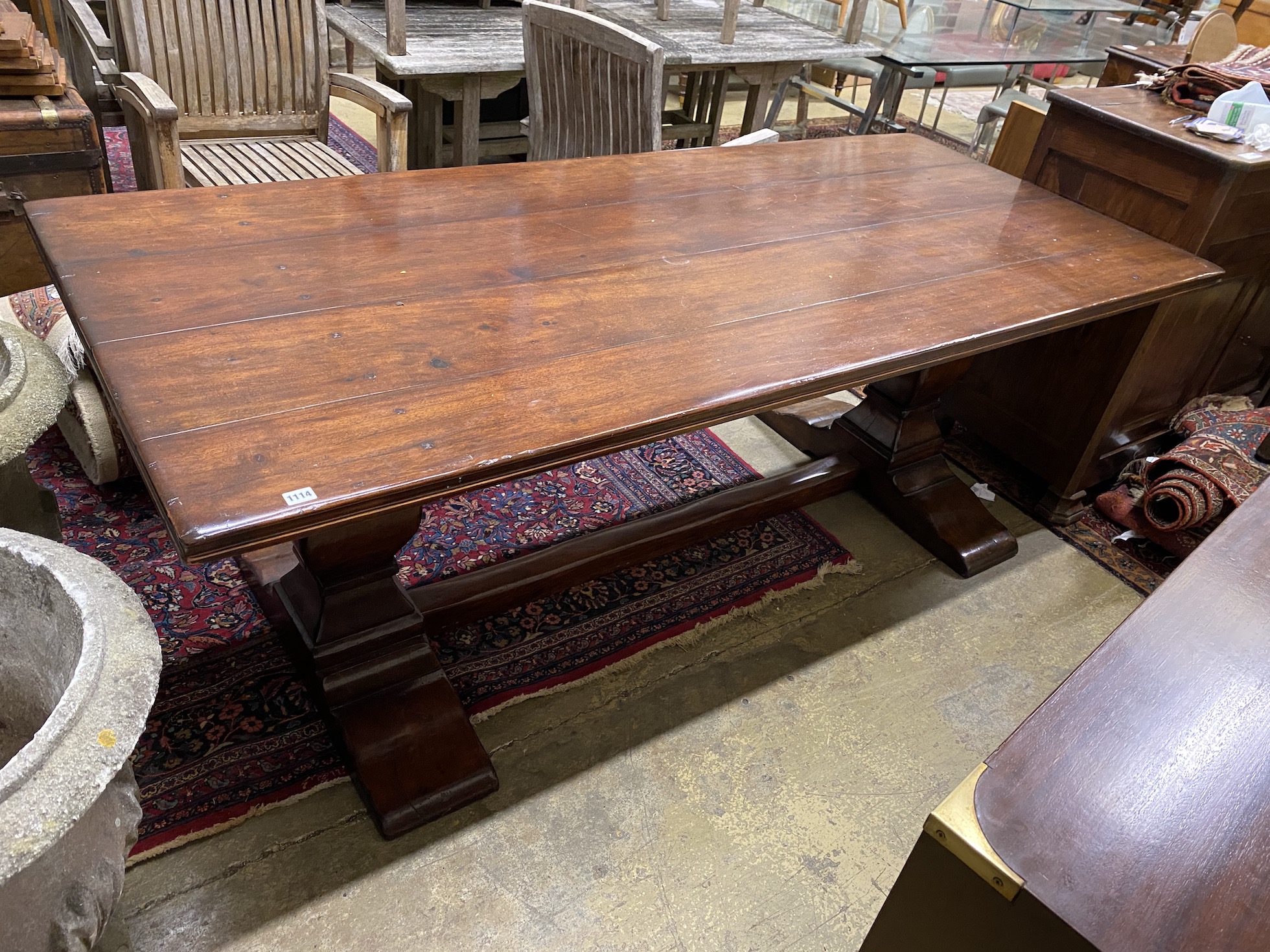 An 18th century style rectangular hardwood refectory dining table, width 214cm, depth 92cm, height 78cm